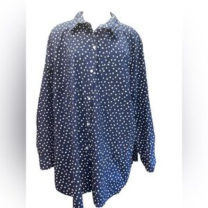 Old Navy Women's Top Size 3X Blue w/White Polka Dots Collared Long Sleeve Button